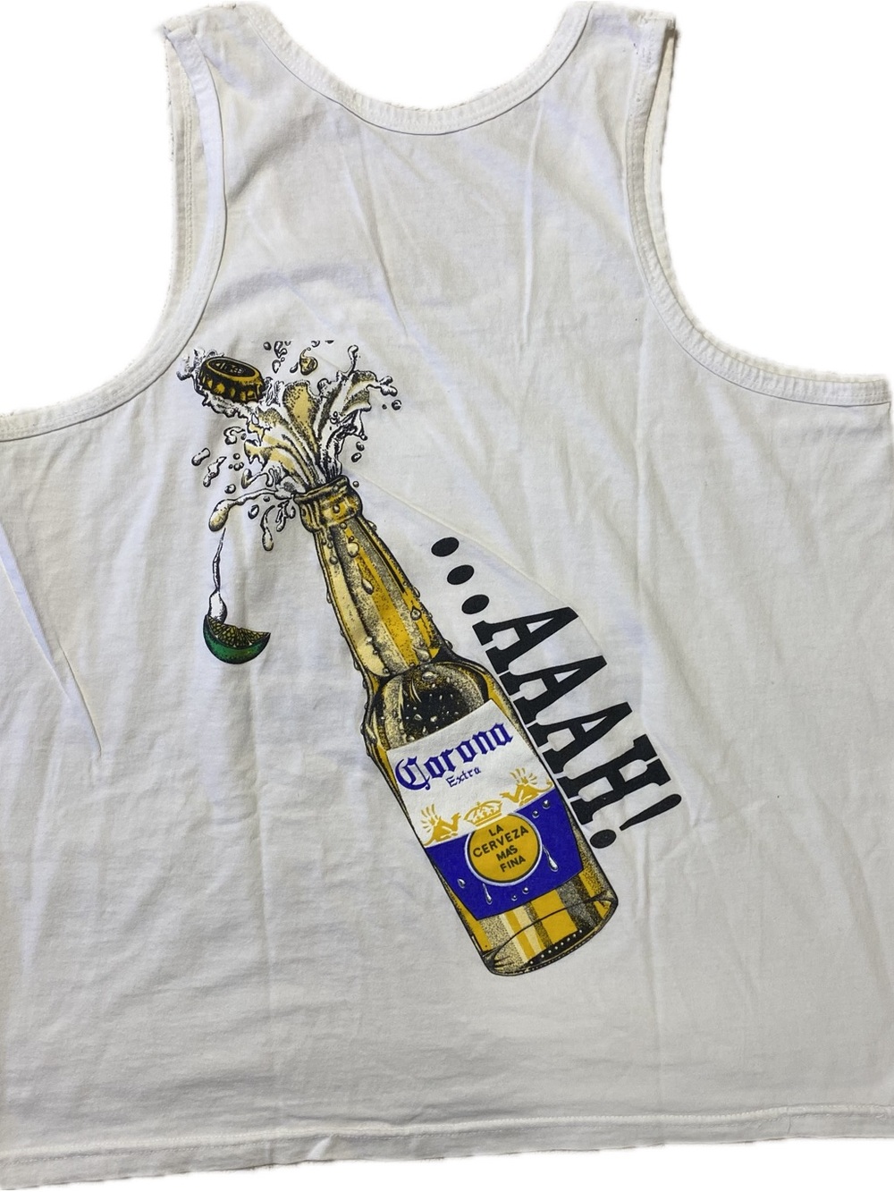 Corona White Tank Top with Yellow and Blue Bottle Graphic